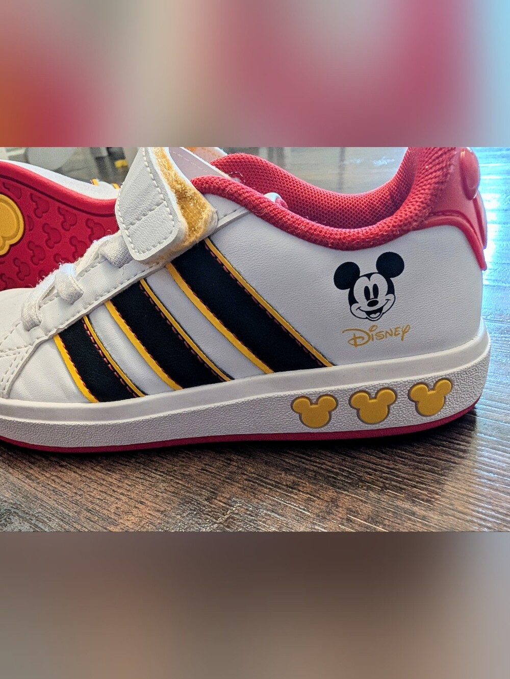 Disney Adidas Kids White Sneakers with Black, Yellow & Red Accents